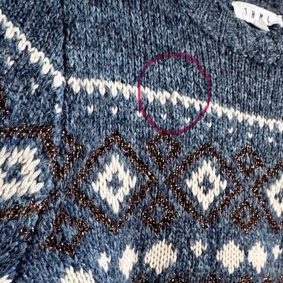 THML Fair Isle Color Block Navy Blue Cream Metallic Knit Sweater Sz L - Picture 8 of 8